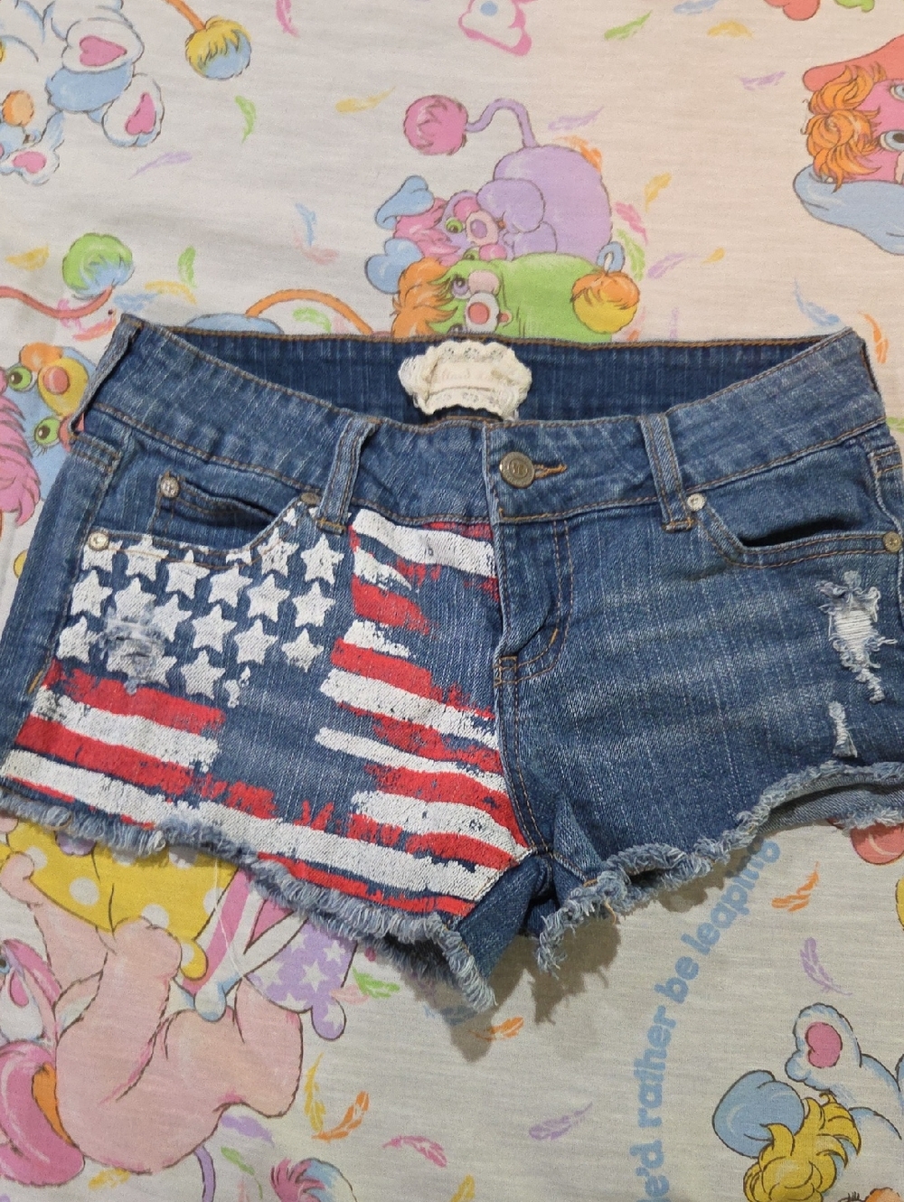Denim Women's Cutoff Shorts with Flag Print - Blue Altard State 26